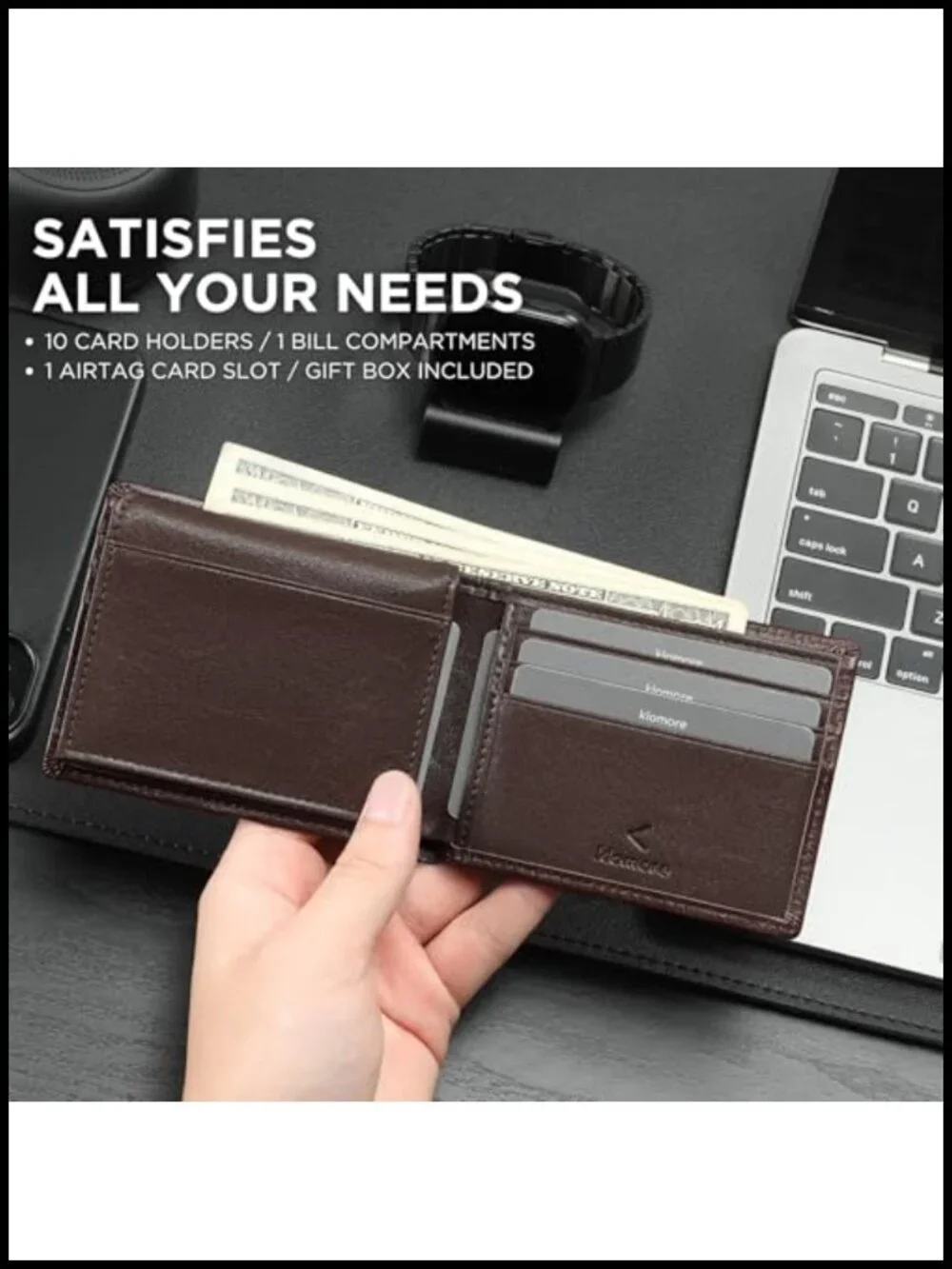 Mens Leather Bifold Wallet with Chain RFID Blocking Slim Minimalist